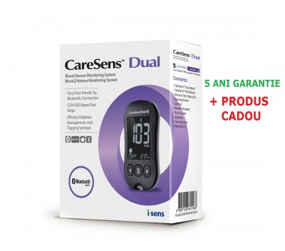 CareSens Dual glucometru - glucoza si cetone, testare rapida si precisa, bluetooth, nu necesita codare + 10 teste Pro + 10 ace + CADOU 10 teste KetoSens