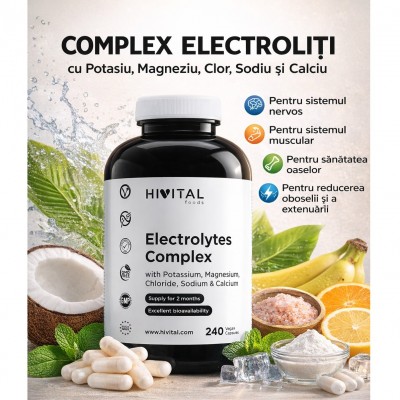 Hivital Complex Electroliti, cu Potasiu, Magneziu, Clor, Sodiu si Calciu x 240 capsule vegane + CADOU Organizator medicamente 28 casete