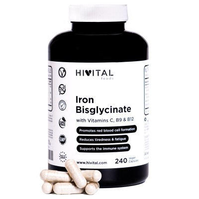 Hivital Fier chelat (Bisglicinat), cu Vitaminele C, B9 si B12 x 240 capsule VEGANE + CADOU organizator medicamente x 28 casete