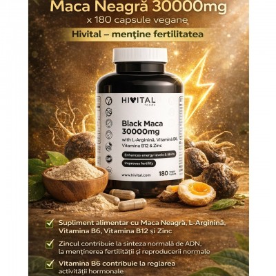 Hivital Maca Neagra 30000mg. x 180 capsule VEGANE - mentine fertilitatea + CADOU Organizator medicamente 28 casete